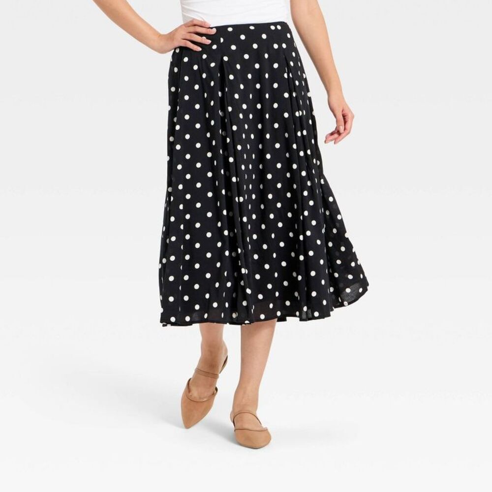 Women's Pull-On Pleated Voile Full Midi Skirt - A New Day Black Dot L